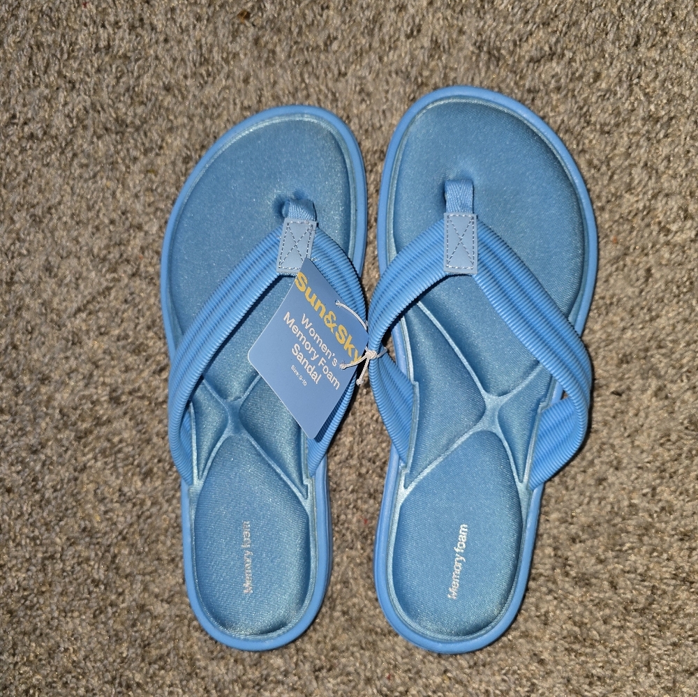 Blue Thong Memory Foam Sandals with Wide Straps